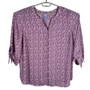 Catherines Womens Button‎ Up Diamond Tunic Top Size 1X Pink Blue Tie Sleeve Boho